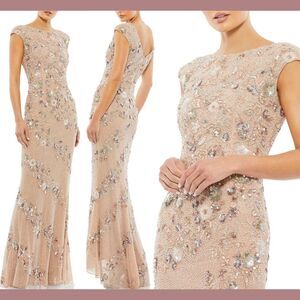 NWT $698 Mac Duggal [ 8 ] Embellished V-Neck Cap Sleeve Gown Peach-Nude #S1080